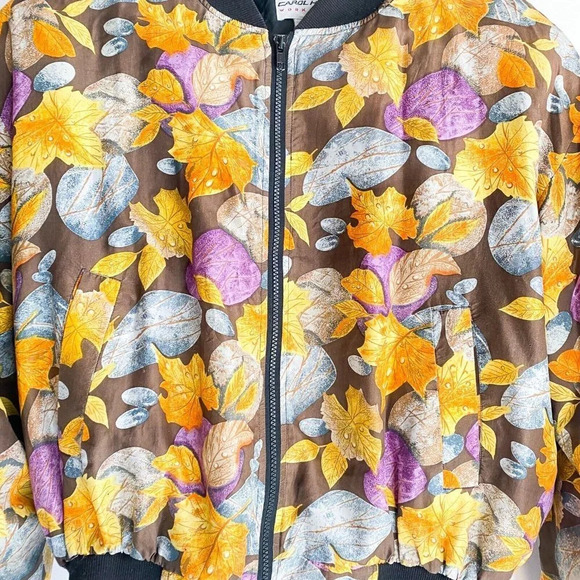 Vintage Carol Horn Silk Colourful Leaf Print Bomber JAcket M - Picture 4 of 6